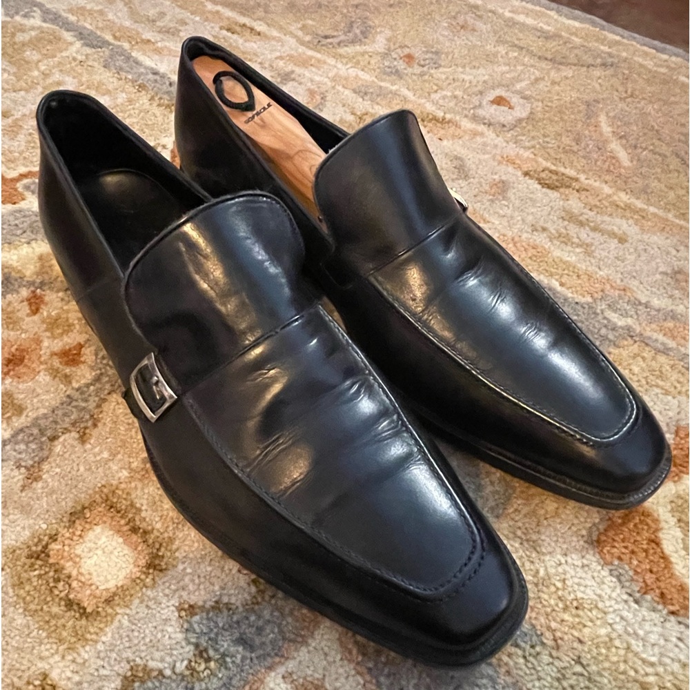 Ermenegildo Zegna Fate a Mano men’s black loafers with logo buckles sz10 Italy